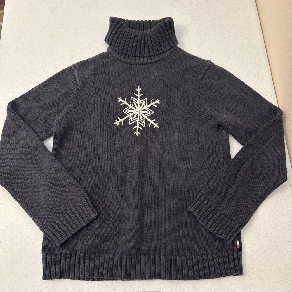 Tommy Hilfiger M Gray Snowflake Turtleneck Sweater Winter Cozy